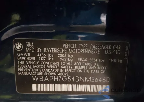 2011 BMW 328I z USA, uszkodzony, nr VIN WBAPH7G54BNM56460